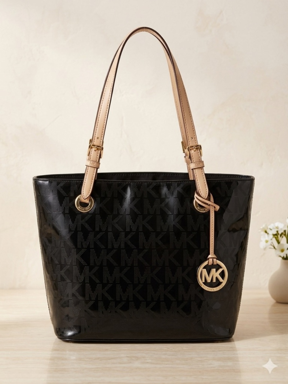 Michael Kors Black Logo Tote with Tan Straps and Gold Hardware with COA